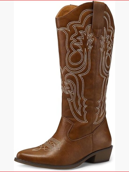 Women's Cowboy Boots Mid Calf Embroidered Western Pointed Toe Chunky Heel Pull